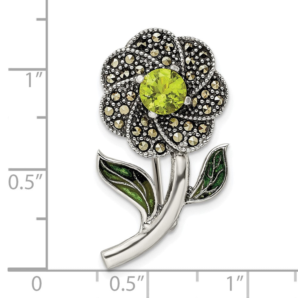 Sterlingsilber Antikisiert Emaille Markasit und Grün Glas Stein Blume Brosche