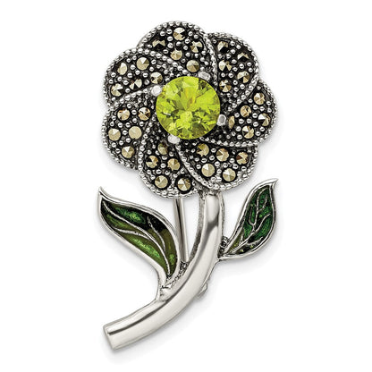 Sterlingsilber Antikisiert Emaille Markasit und Grün Glas Stein Blume Brosche