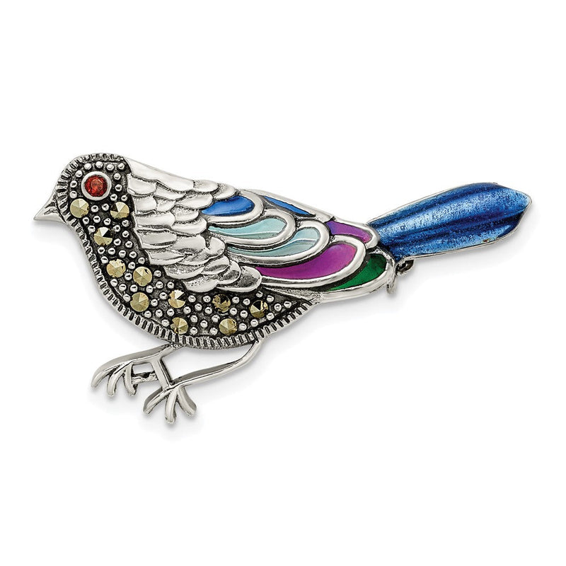 Sterlingsilber Antikisiert Multicolored Emailliert Markasit und Granat Vogel Brosche