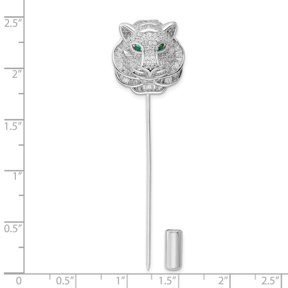 Sterlingsilber Rhodiniert Poliert Klar und Grün Zirkonia Tiger Brosche