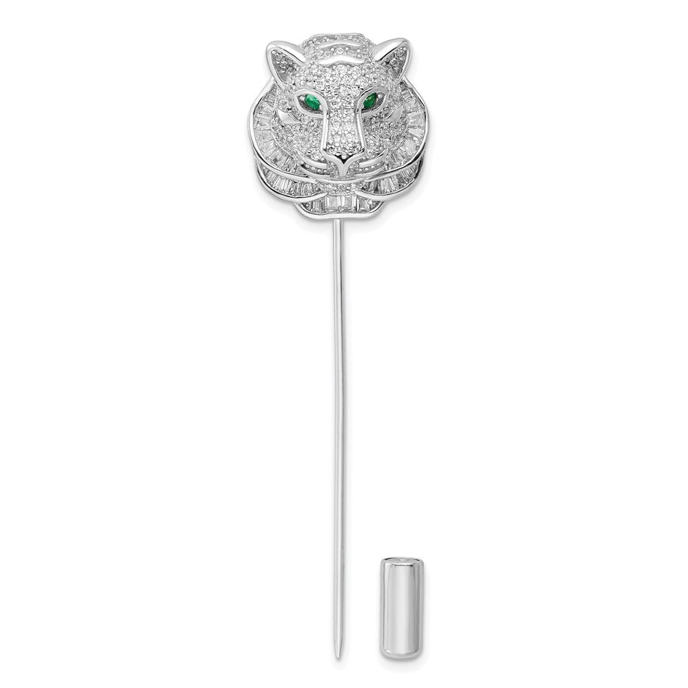 Sterlingsilber Rhodiniert Poliert Klar und Grün Zirkonia Tiger Brosche
