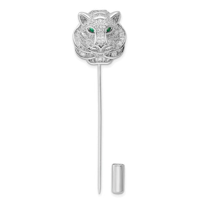 Sterlingsilber Rhodiniert Poliert Klar und Grün Zirkonia Tiger Brosche