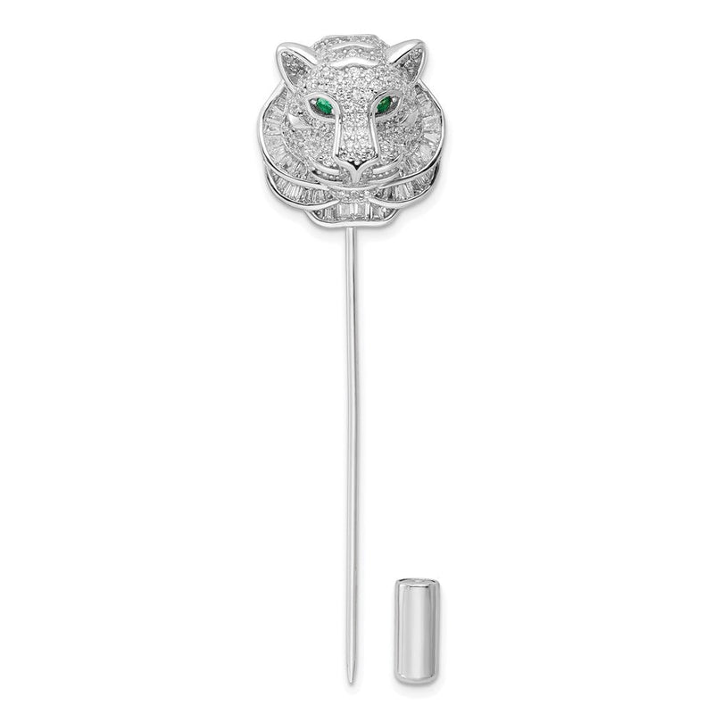 Sterlingsilber Rhodiniert Poliert Klar und Grün Zirkonia Tiger Brosche