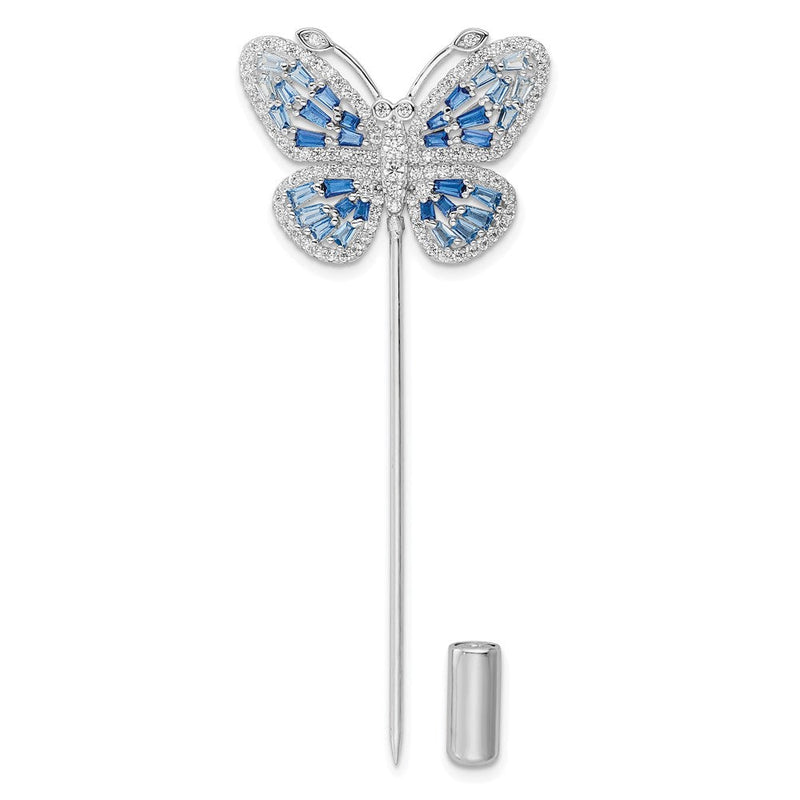 Sterlingsilber Rhodiniert Poliert Blau und Klar Zirkonia Schmetterling Brosche