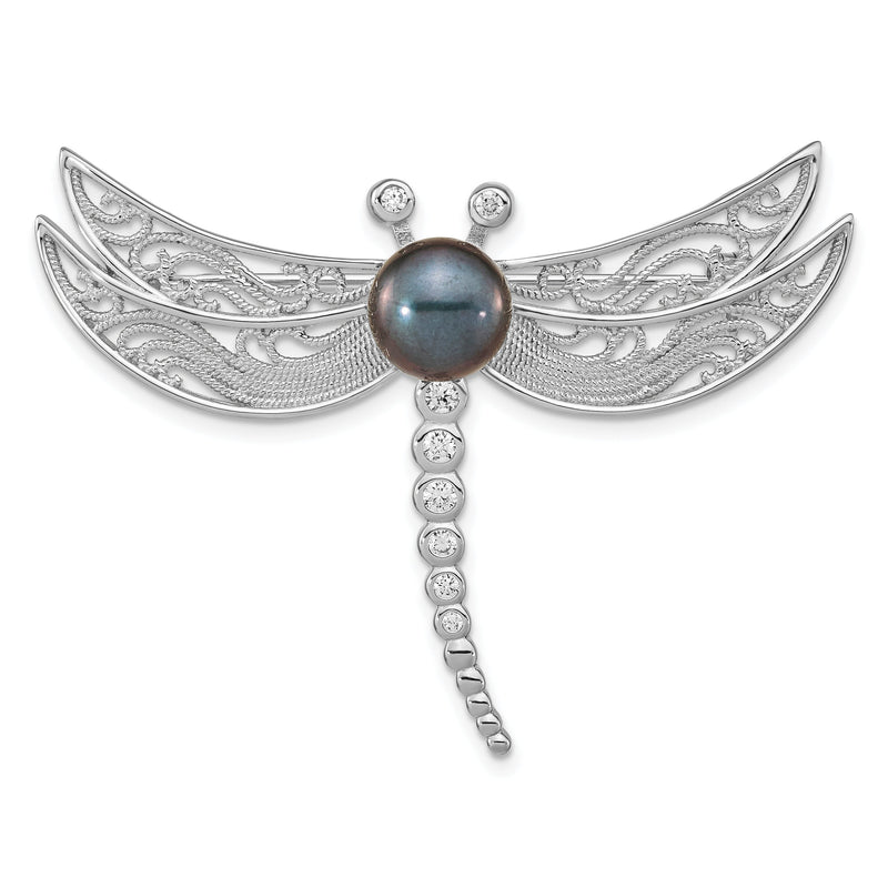 Sterlingsilber Rhodiniert Filigran Libelle Accented mit Zirkonia und 8-9mm Schwarz Knopf Süßwasser Zuchtperle Brosche