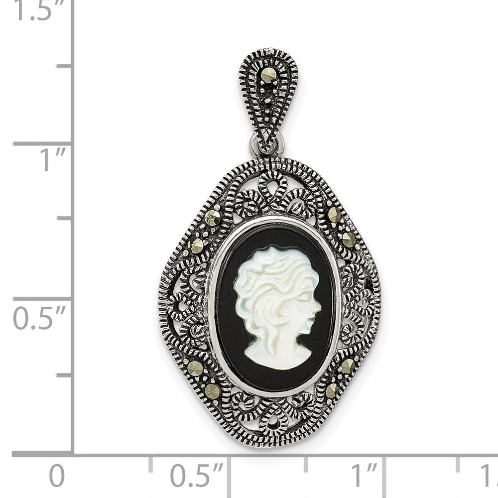 Sterlingsilber Antikisiert Markasit Schwarz Achat & Perlmutt Cameo Anhänger