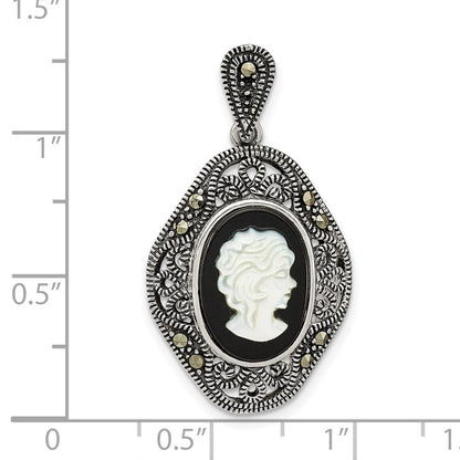 Sterlingsilber Antikisiert Markasit Schwarz Achat & Perlmutt Cameo Anhänger