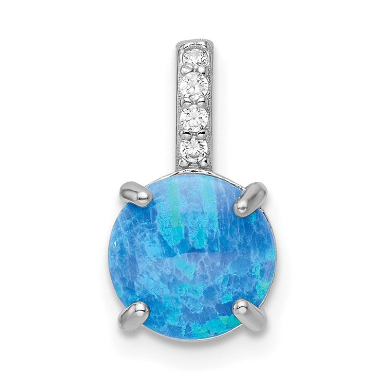Sterlingsilber Rhodiniert Rund Blau Erzeugt Opal & Zirkonia Anhänger