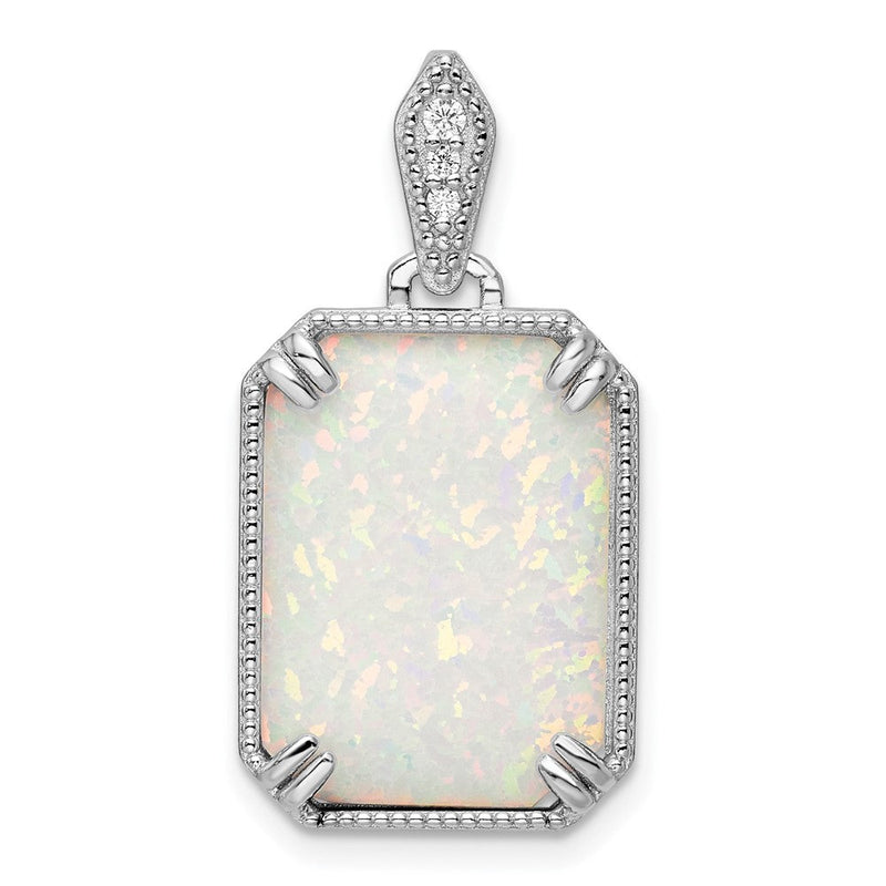 Sterlingsilber Rhodiniert Weiß Erzeugt Opal & Zirkonia Gekugelt Rand Anhänger