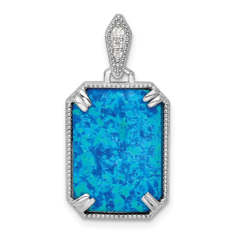 Sterlingsilber Rhodiniert Blau Erzeugt Opal & Zirkonia Gekugelt Rand Anhänger