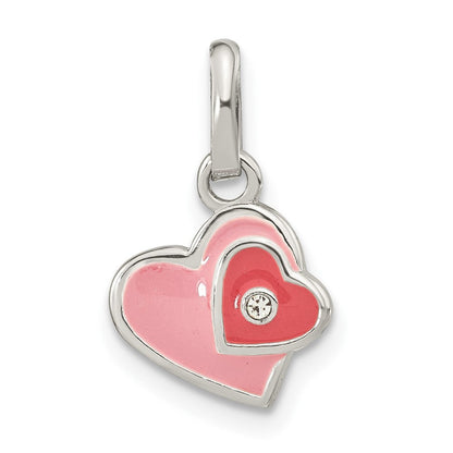 Sterlingsilber Rhodiniert Rosa Emaille Zirkonia Doppelt Herz Anhänger