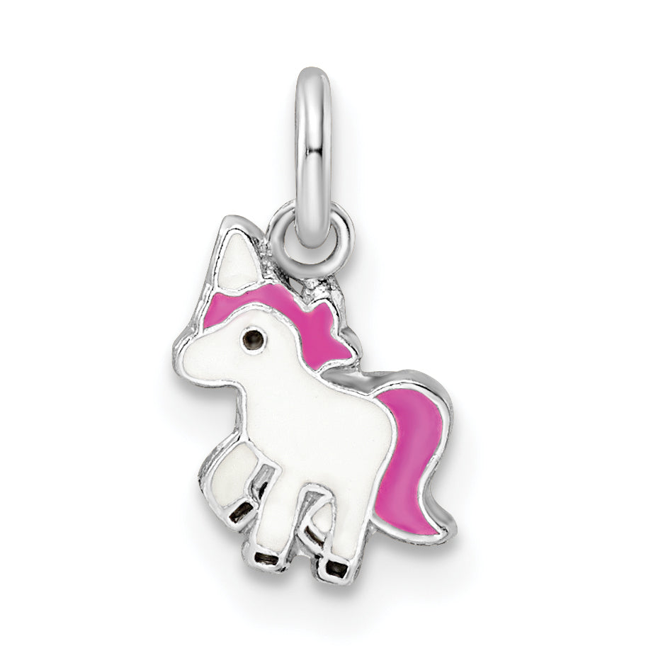 Sterlingsilber Rhodiniert Rosa, Weiß & Schwarz Emailliert Einhorn Kinder Anhänger