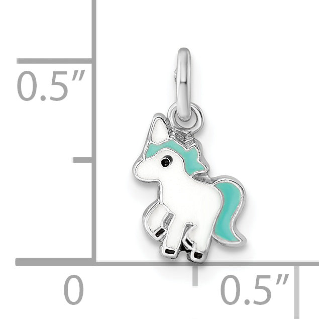 Sterlingsilber Rhodiniert Blau, Weiß & Schwarz Emailliert Einhorn Kinder Anhänger