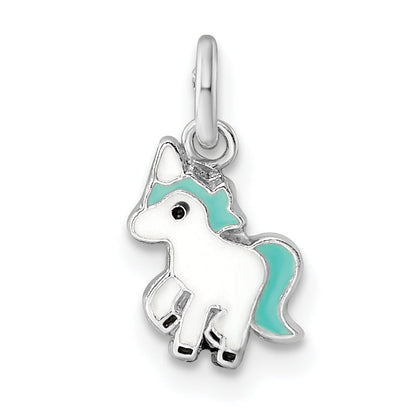 Sterlingsilber Rhodiniert Blau, Weiß & Schwarz Emailliert Einhorn Kinder Anhänger