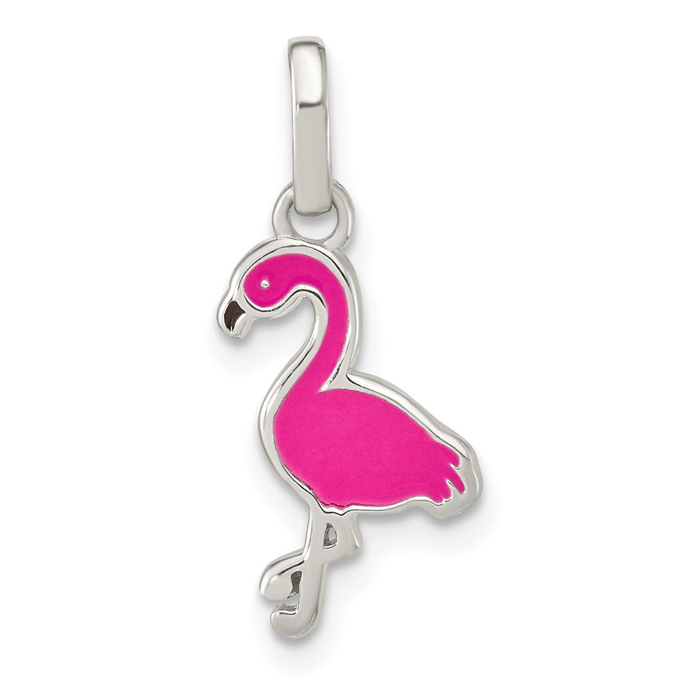 Sterlingsilber Hot Rosa & Schwarz Emailliert Flamingo Kinder Anhänger