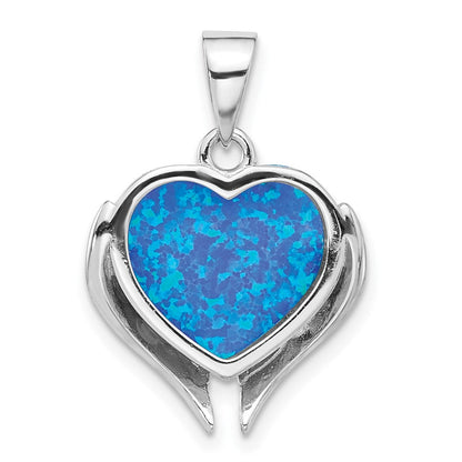 Sterlingsilber Rhodiniert Blau Erzeugt Opal Herz mit Flügel Anhänger