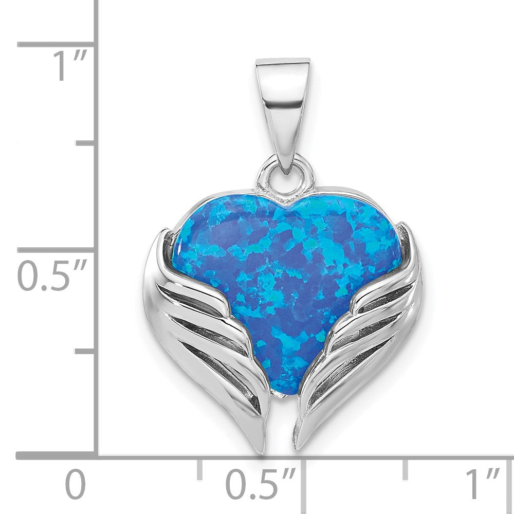 Sterlingsilber Rhodiniert Blau Erzeugt Opal Herz mit Flügel Anhänger