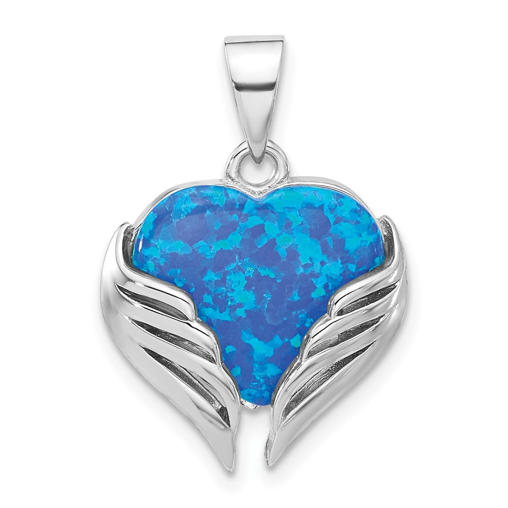 Sterlingsilber Rhodiniert Blau Erzeugt Opal Herz mit Flügel Anhänger