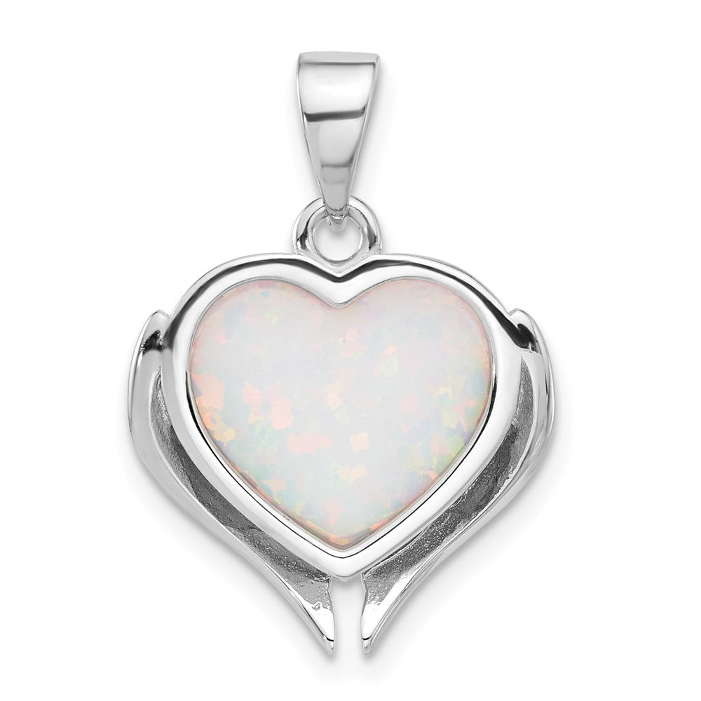 Sterlingsilber Rhodiniert Weiß Erzeugt Opal Herz Flügel Anhänger