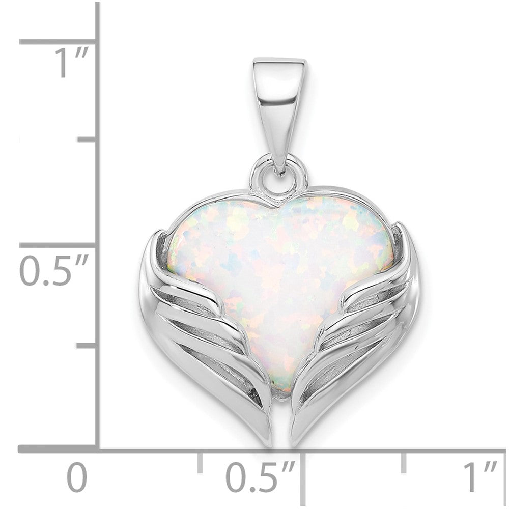 Sterlingsilber Rhodiniert Weiß Erzeugt Opal Herz Flügel Anhänger