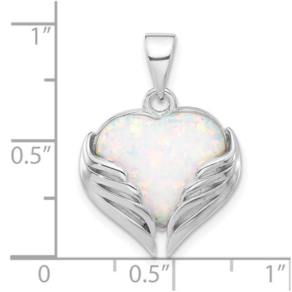 Sterlingsilber Rhodiniert Weiß Erzeugt Opal Herz Flügel Anhänger