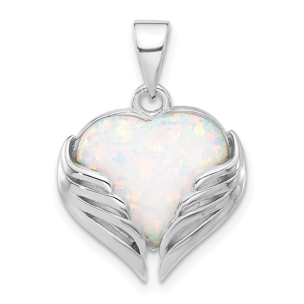 Sterlingsilber Rhodiniert Weiß Erzeugt Opal Herz Flügel Anhänger
