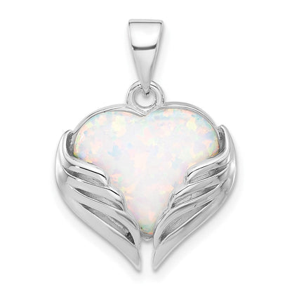 Sterlingsilber Rhodiniert Weiß Erzeugt Opal Herz Flügel Anhänger