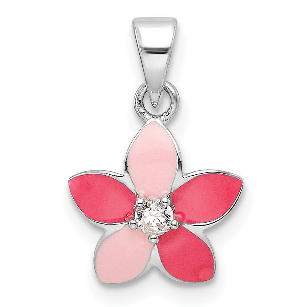 Sterlingsilber Rhodiniert Rosa Emaille & Zirkonia Blume Kinder Anhänger