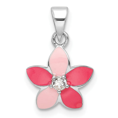 Sterlingsilber Rhodiniert Rosa Emaille & Zirkonia Blume Kinder Anhänger
