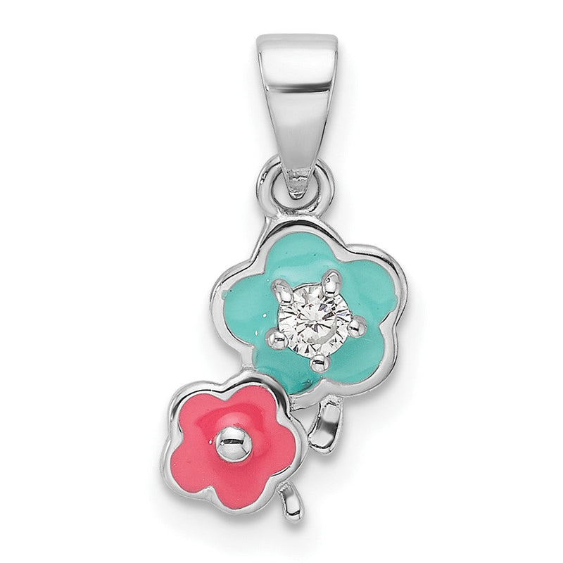 Sterlingsilber Rhodiniert Blau/pink Emaille & Zirkonia Blumen Kinder Anhänger