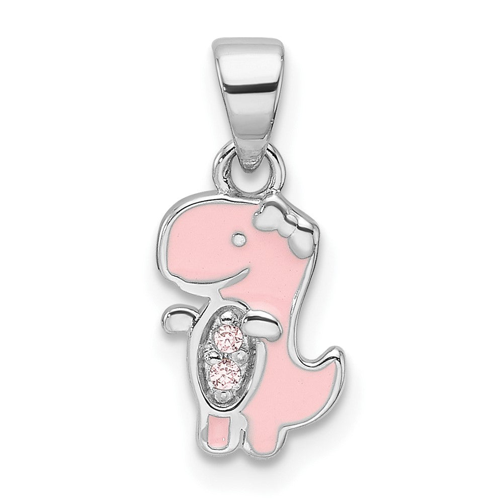 Sterlingsilber Rhodiniert Rosa Emaille & Zirkonia Dinosaur Kinder Anhänger