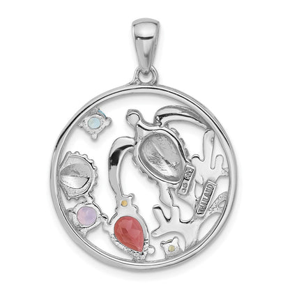 Sterlingsilber Rhodiniert Regenbogen Multi-gemstone Meer Schildkröte Anhänger