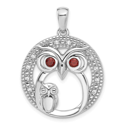 Sterlingsilber Rhodiniert Granat und Zirkonia Owls Anhänger