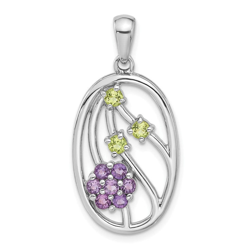 Sterlingsilber Rhodiniert Amethyst und Peridot Blume Anhänger