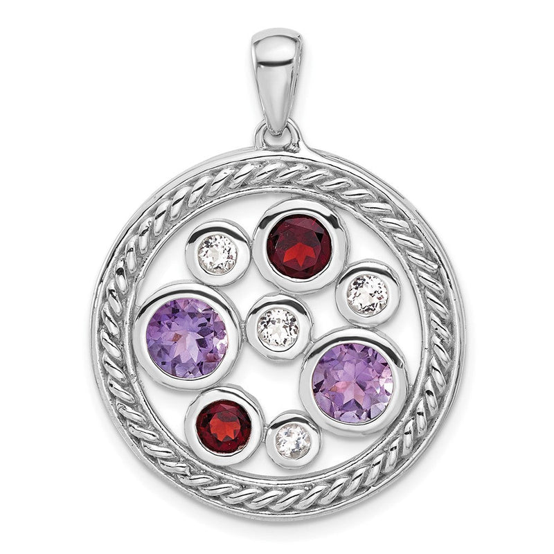 Sterlingsilber Rhodium Amethyst Granat und Weiß Topas Kreis Anhänger