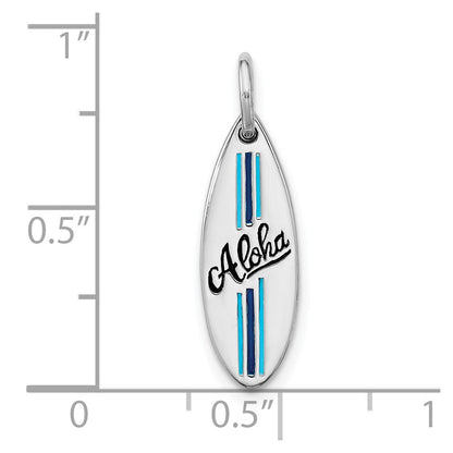 Sterlingsilber Rhodiniert Poliert Emaille Aloha Surfboard Anhänger