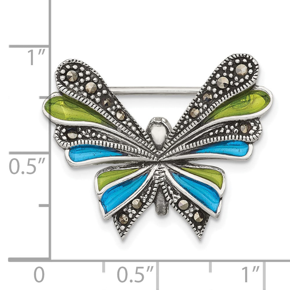 Sterlingsilber Antikisiert Markasit und Grün/blue Epoxid Schmetterling Brosche