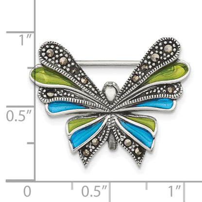 Sterlingsilber Antikisiert Markasit und Grün/blue Epoxid Schmetterling Brosche