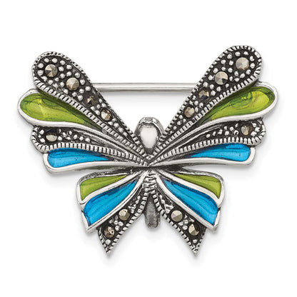 Sterlingsilber Antikisiert Markasit und Grün/blue Epoxid Schmetterling Brosche