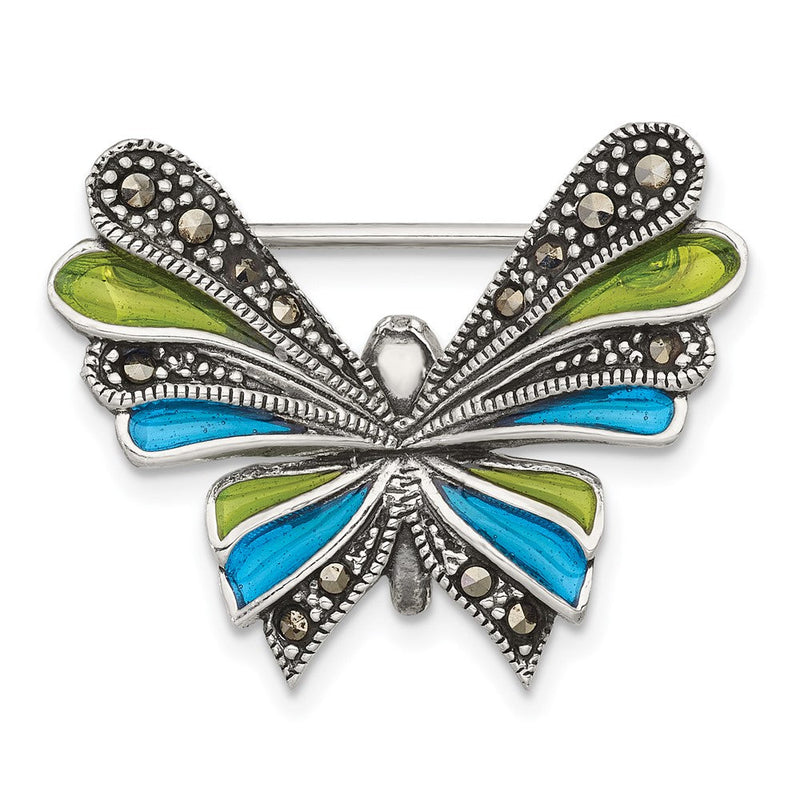 Sterlingsilber Antikisiert Markasit und Grün/blue Epoxid Schmetterling Brosche