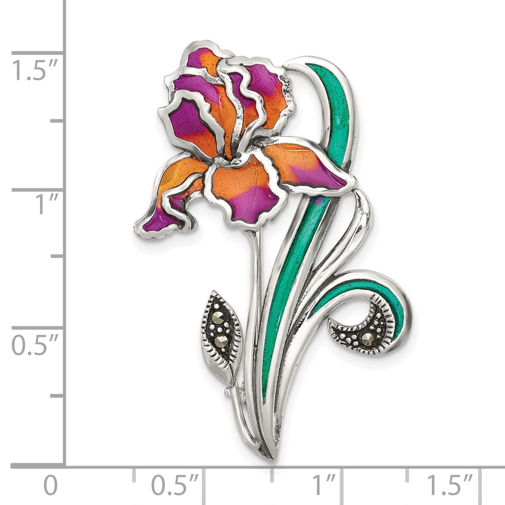Sterlingsilber Antikisiert Markasit Lila/yellow Epoxid Iris Blumen Brosche
