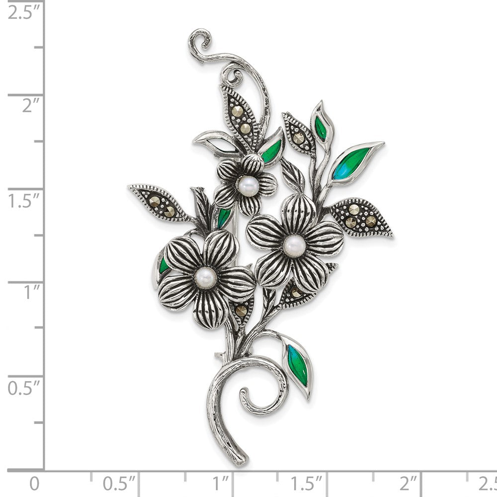Sterlingsilber Antikisiert Markasit Fwc Perle und Grün Epoxid Blumen Brosche