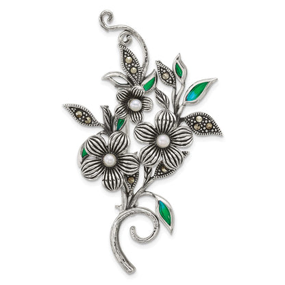 Sterlingsilber Antikisiert Markasit Fwc Perle und Grün Epoxid Blumen Brosche