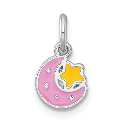 Sterlingsilber Rhodiniert Poliert Emaille Mond und Stern Kinder Anhänger