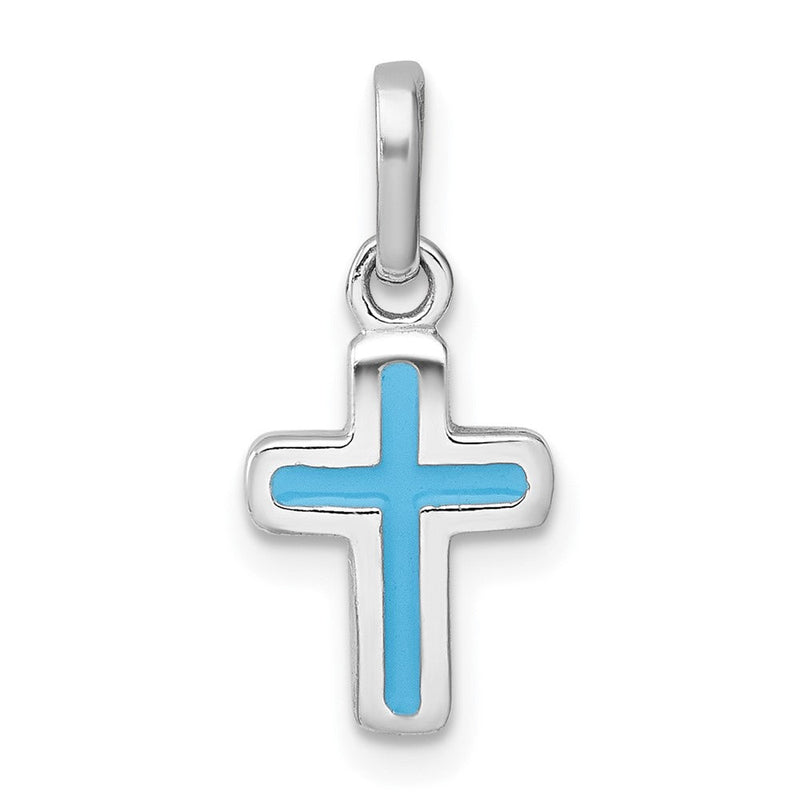 Sterlingsilber Rhodiniert Kinder Emaille Blau Kreuz Anhänger