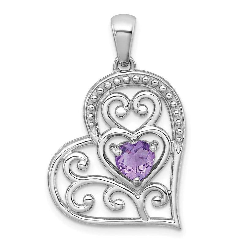 Sterlingsilber Rhodiniert Poliert und Gekugelt Amethyst Offen Herz Anhänger