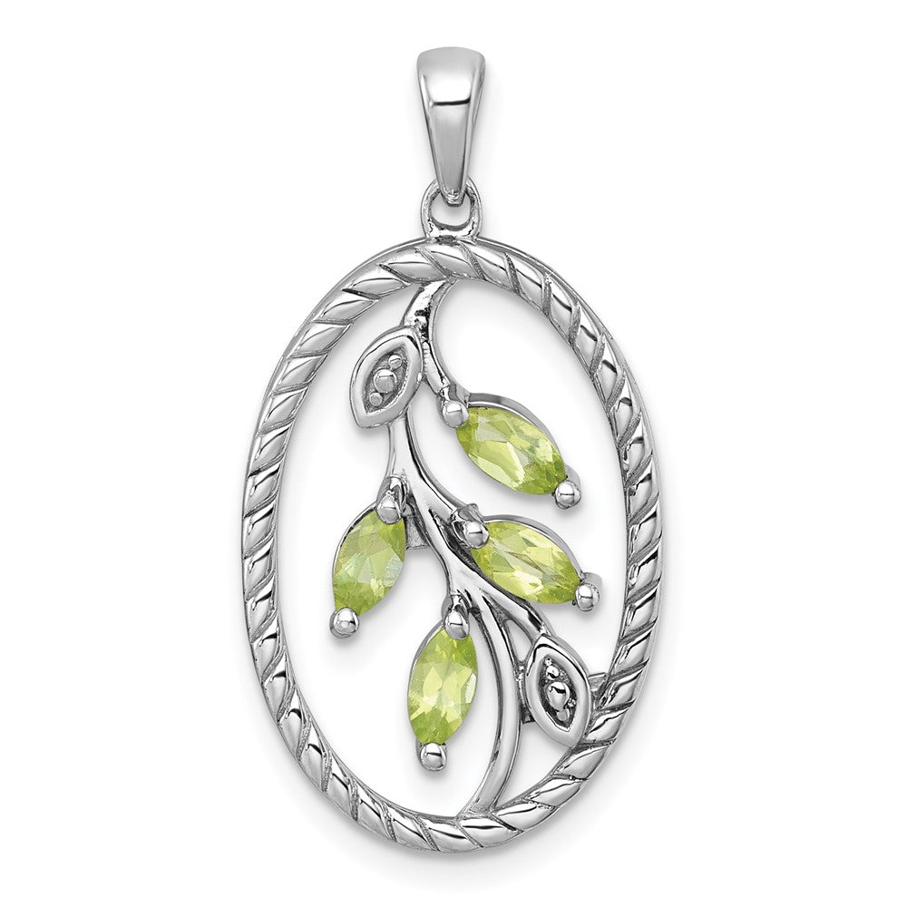 Sterlingsilber Rhodiniert Poliert und Gedreht Peridot Blatt Oval Anhänger