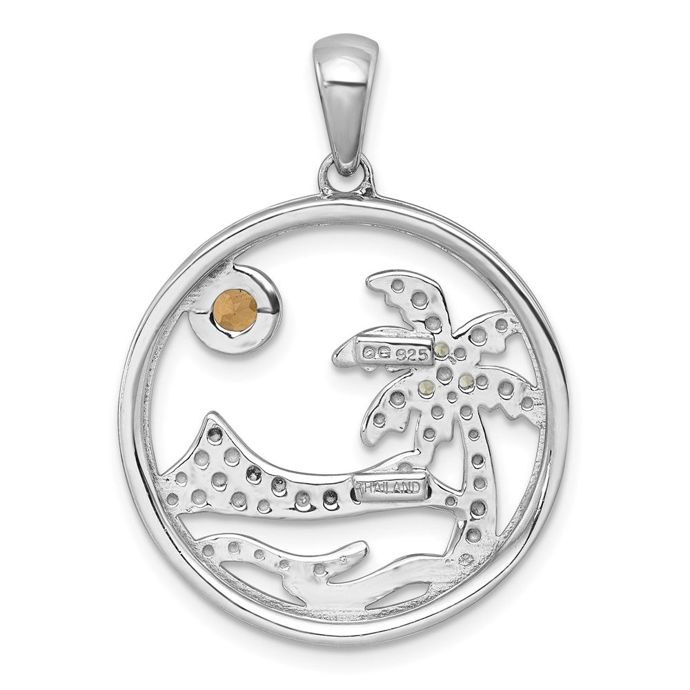 Sterlingsilber Rhodiniert Poliert & Gerillt Citrin/peridot Beach Scene Anhänger