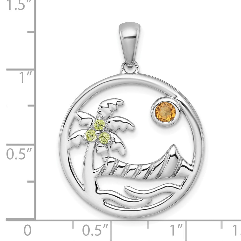 Sterlingsilber Rhodiniert Poliert & Gerillt Citrin/peridot Beach Scene Anhänger