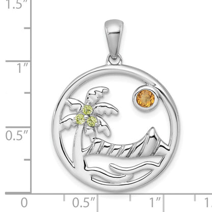 Sterlingsilber Rhodiniert Poliert & Gerillt Citrin/peridot Beach Scene Anhänger